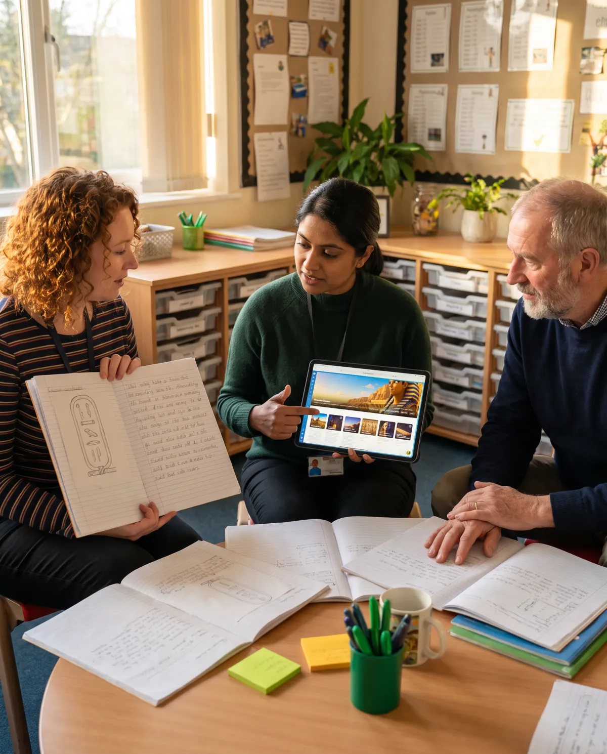 Teachers looking through pupils' exercise books together, one holding a tablet showing a unit page